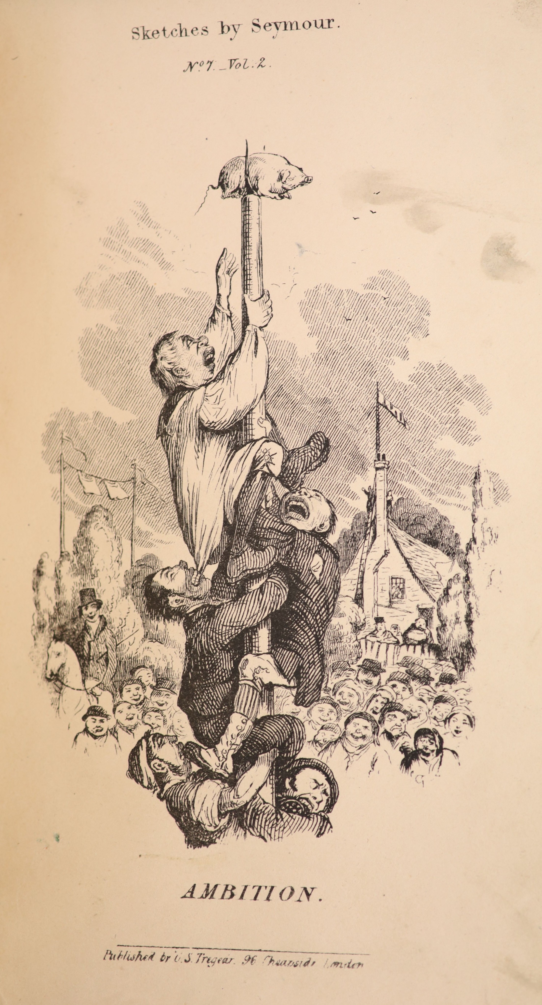 Seymour, Robert - Sketches by Seymour. 5 vols bound in 1. Complete with 180 cartoon sketch plates on variously coloured paper and an illustrated volume title page to each section. Half calf and pebbled cloth, tooled and